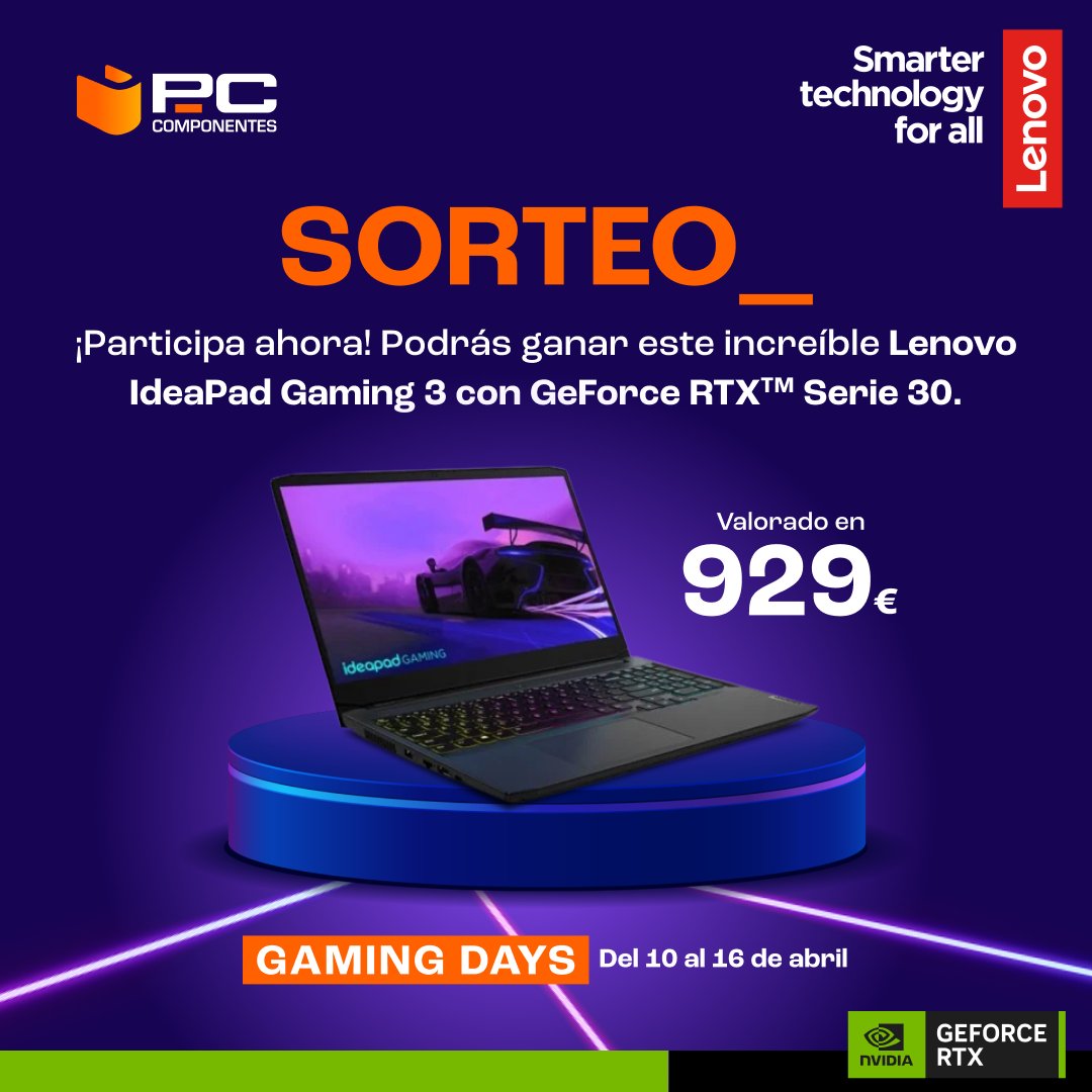 🚀¡SORTEAZO!🚀

😍¡Llévate este espectacular portátil gaming de <a href="/LenovoES/">Lenovo España</a> valorado en 929€ por la cara!

👾 RT🔃 y sigue a <a href="/pccomponentes/">PcComponentes</a>
👾Comenta con #PcComponentesLenovo diciendo con qué juego lo quieres probar

✍️¡Más comentarios, más opciones de ganar!