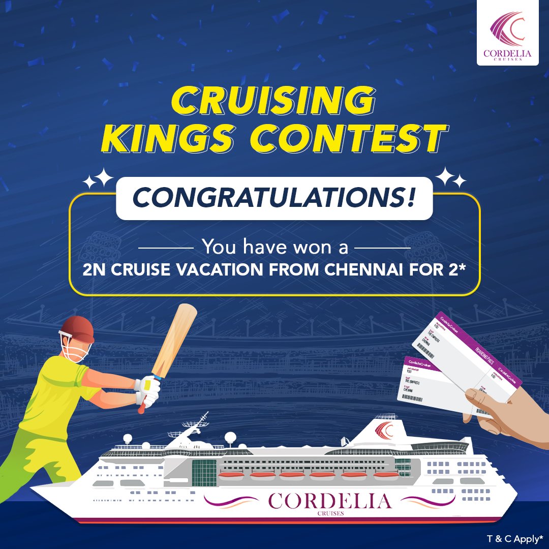 CordeliaCruises's tweet photo. Congratulations🥳 @kartiksaysnow on winning a 2 night Cruise Vacation from Chennai For 2. We request you to DM us your email id as well as your mobile number. https://t.co/rf5dXcoAzH