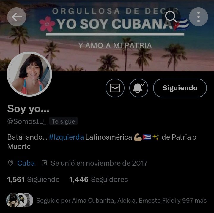YoDeVzla's tweet image. Nuestra amiga Sandra Habanera, vuelve a perder su cuenta por segunda vez el día de ayer. Eso no es limitante para ella para continuar defendiendo la Revolución cubana. 

Sigamosle!
               🇨🇺👉🏻 @SomosIU_ 👈🏻🇨🇺

Juntos(as) somos más! 

#ÉsteEsMiPaís #ElCorazonEnMatanzas