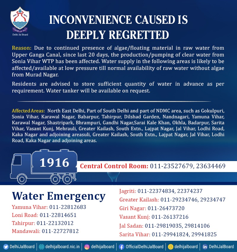 DelhiJalBoard's tweet photo. Water supply in the following areas is likely to be affected /available at low pressure till normal availability of raw water without algae from Murad Nagar. 

#DJB4U #DJBMissionMode #DJBWaterAlert https://t.co/fwnKh0X6Ps