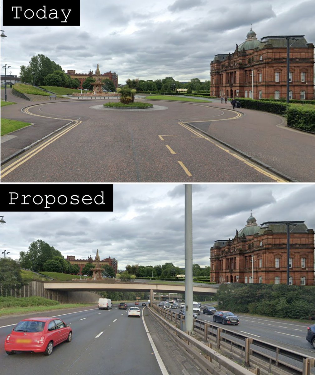 give_back_VP's tweet photo. No Park was safe from the Glasgow  Highway Plan

This image shows the motorway that was planned to tear through Glasgow Green, narrowly missing the peoples palace and Templeton carpet factory

Thankfully campaigners stopped this. Victoria Park wasn't as lucky...

#GiveBackOurPark https://t.co/eVVggnYeYJ
