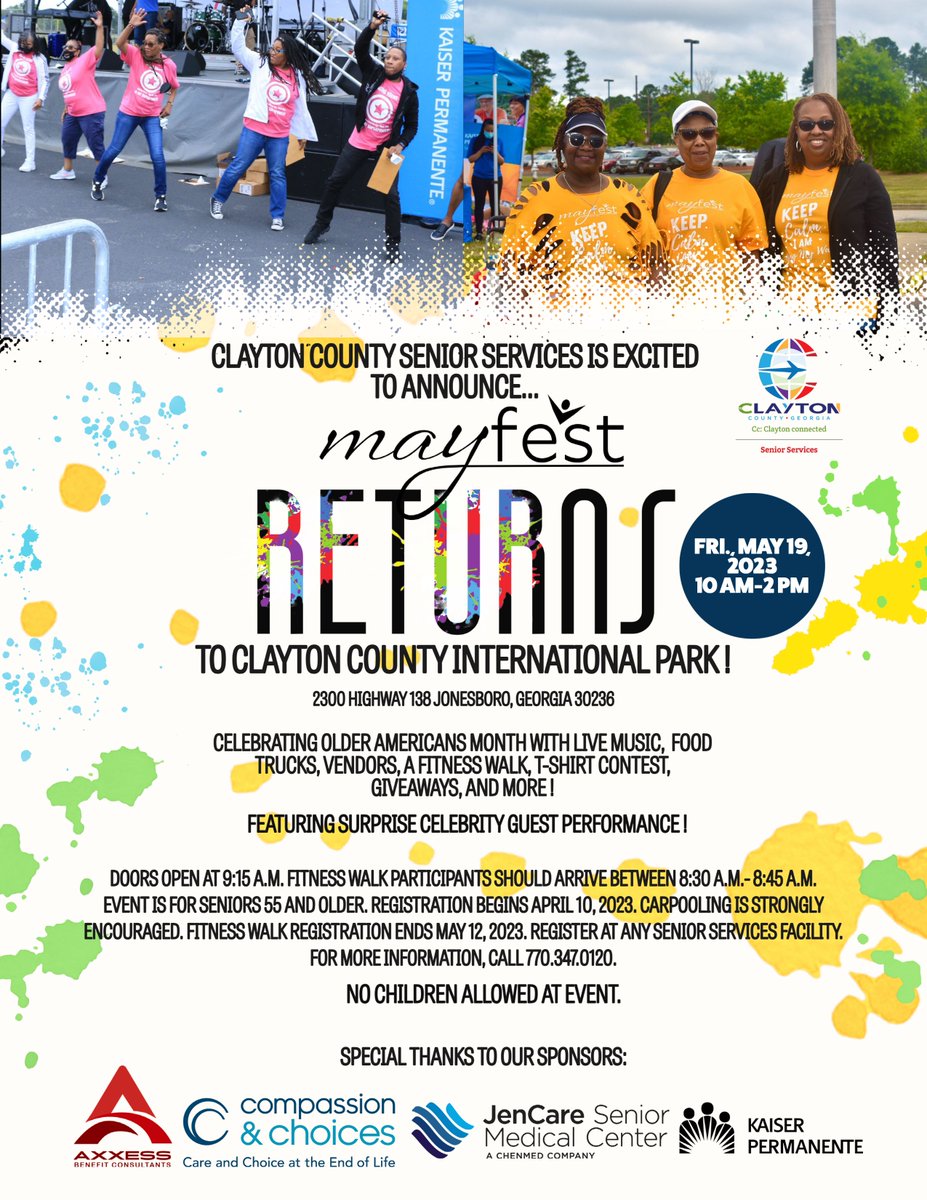 Join us as we celebrate Older Americans Month Friday, May 19, 2023, 10 am - 2 pm at Clayton County International Park, 2300 Highway 138, Jonesboro, GA 30236. Registration begins Today!