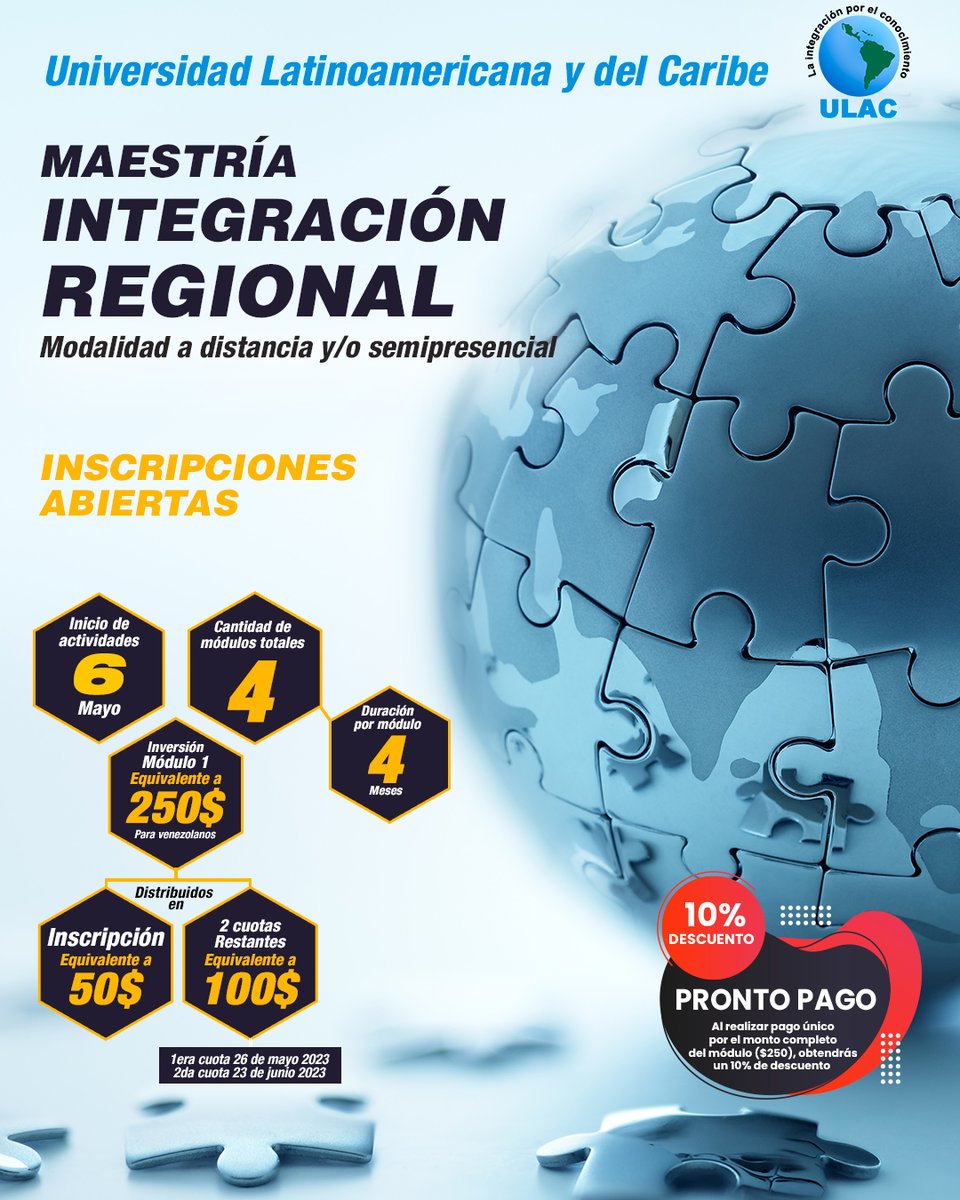 Inscripciones Abiertas
#ulac #universidad #maestrian #formacion  #VenezolanosDeFe #VenezolanosDeFe #integracionregional #Regional