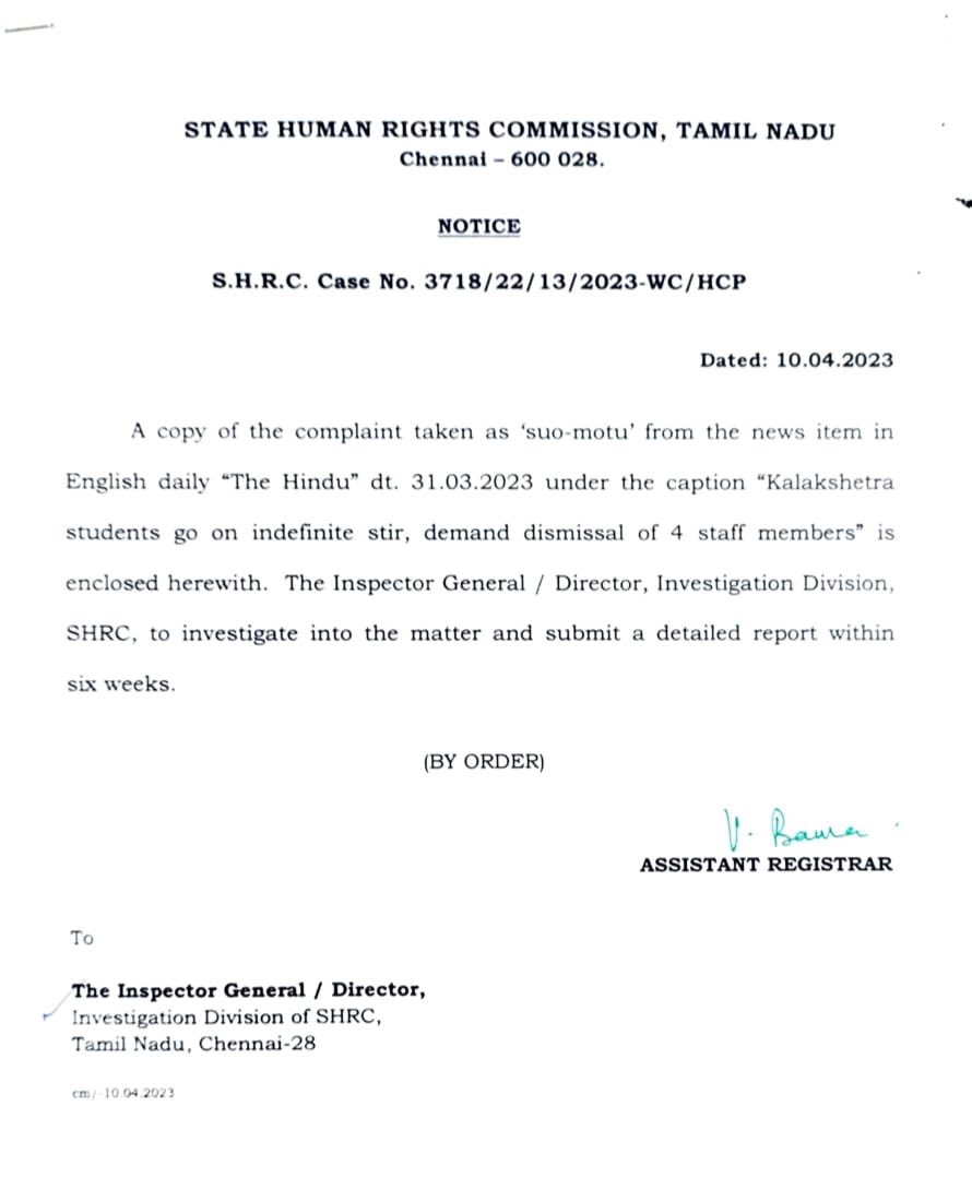 nrithyapillai's tweet photo. Breaking 
@dhanyarajendran @KuthaliPu @kunalshankar 

State human rights commission has taken suo motto complaint to investigate Kalakshetra issue. Report within 6 weeks https://t.co/SRjeyh9JLA