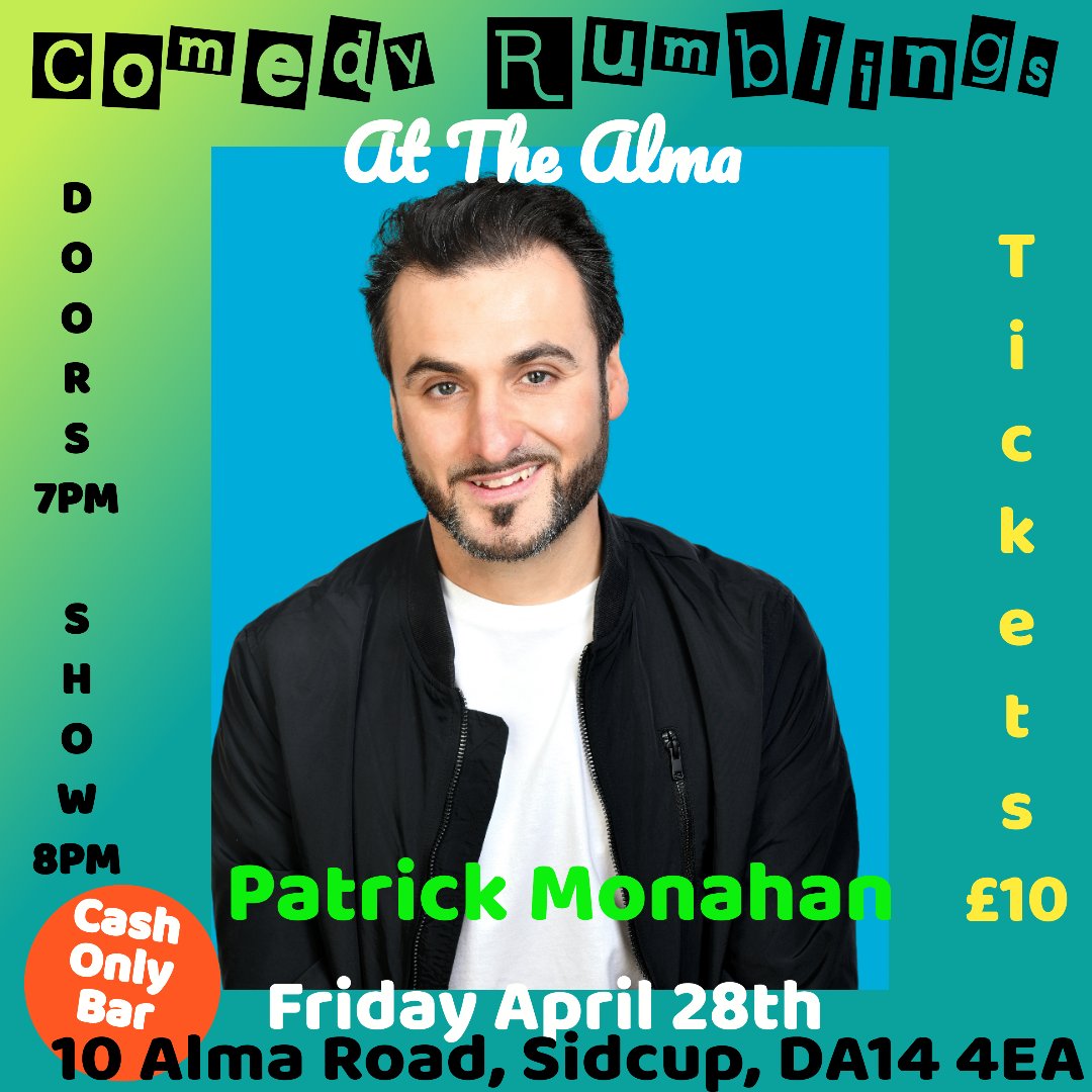 Looks who's coming to #sidcup our headliner for the next show at The Alma!
<a href="/PatrickJMonahan/">Patrick Monahan</a>!
Tickets available now! jokepit.com/comedy-in/brom…
Support to be announced!
#comedyrumblings #thealmasidcup
