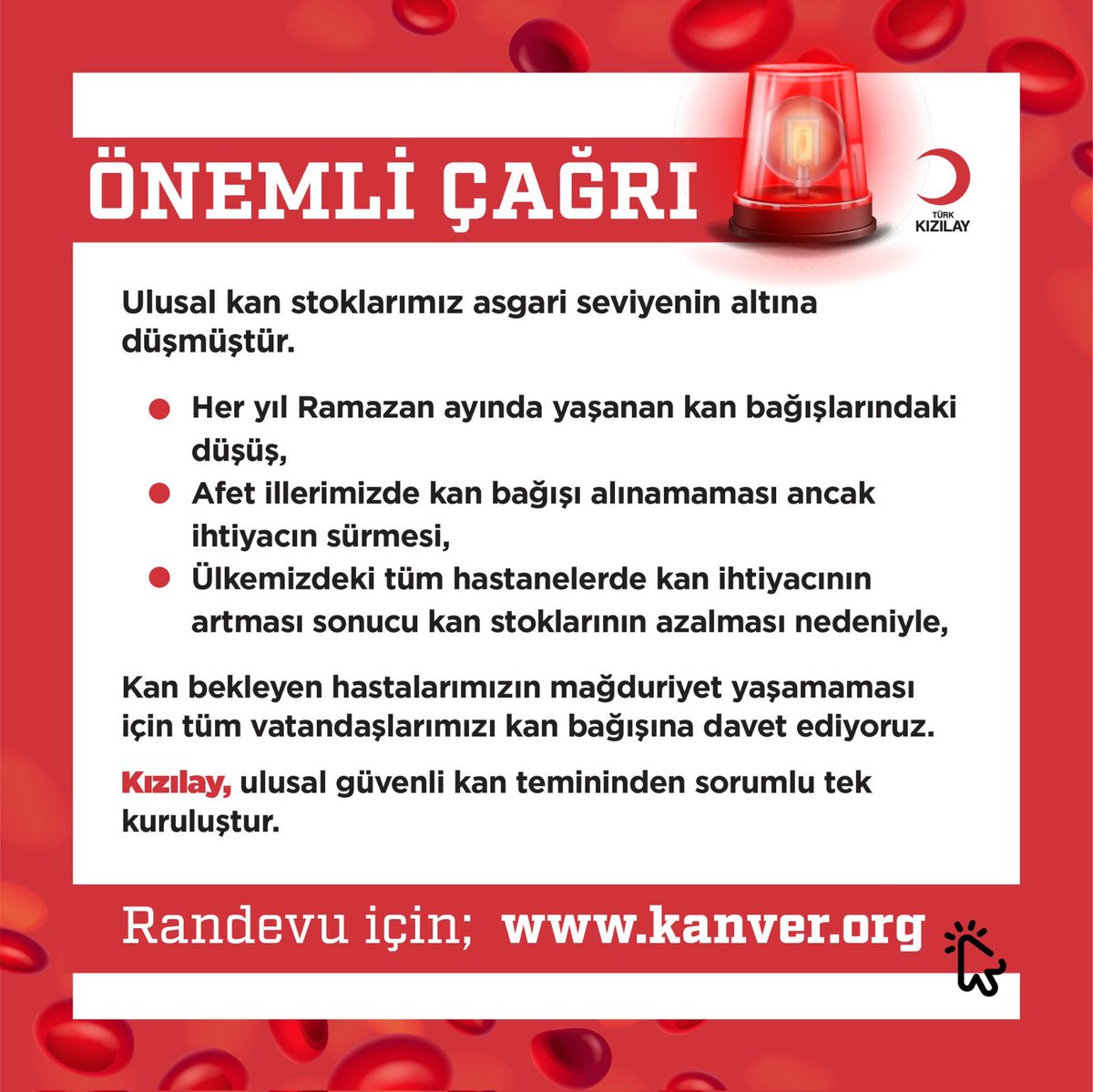 Ramazan ayında da kan bağışınla iyi ki varsın #KanDostum
Bulunduğunuz yere en yakın kan bağış noktasını öğrenmek ve randevu almak için kanver.org web sitesini ziyaret edebilirsiniz.
✅ Kan bağış noktaları iftar sonrasında da hizmet vermektedir.