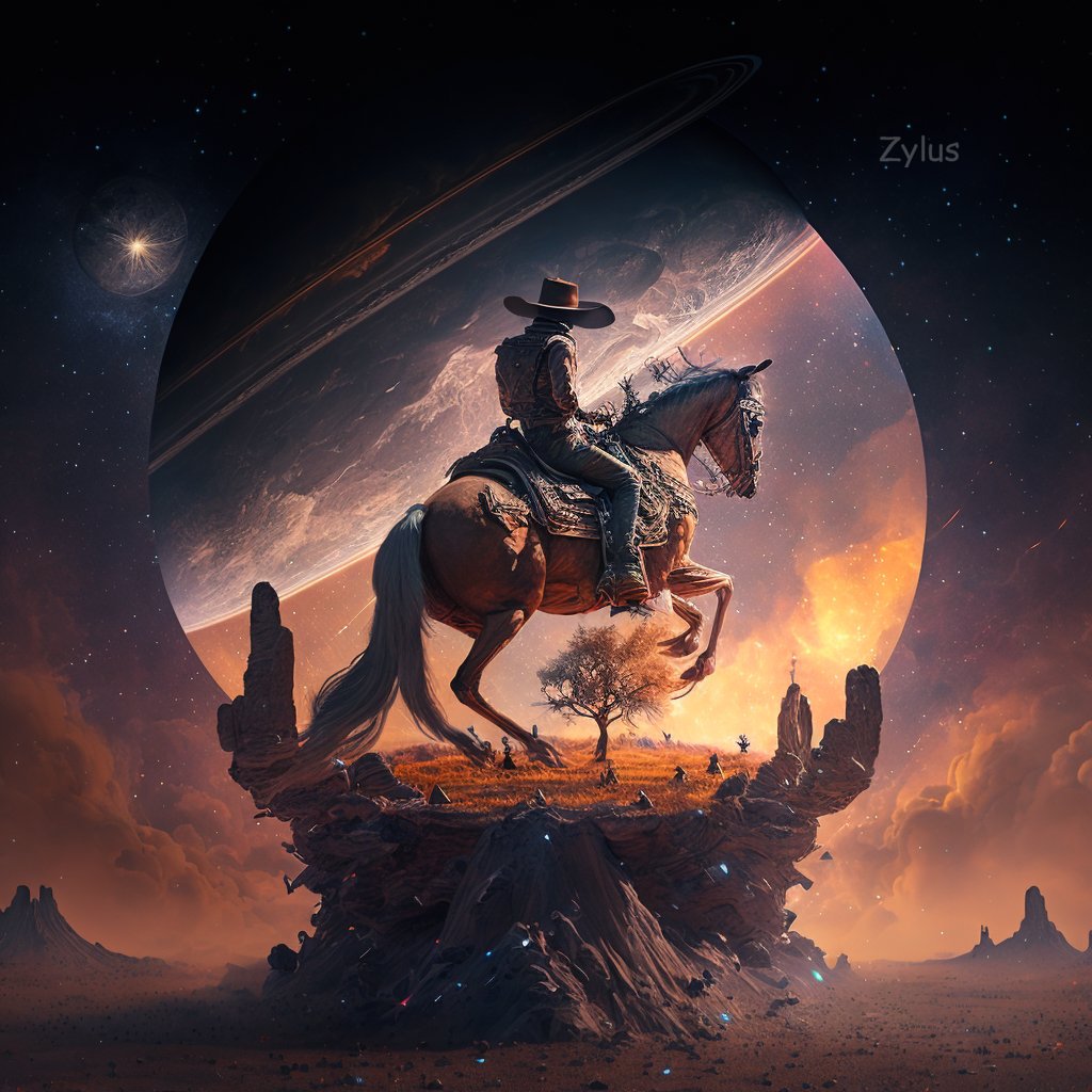 Amidst the infinite expanse of the cosmos, a lone cowboy finds solace in the company of stars. Roaming the barren planet on a horse, exploring new frontiers, and embracing the unknown. A cosmic western tale of courage, resilience, and the pursuit of freedom.