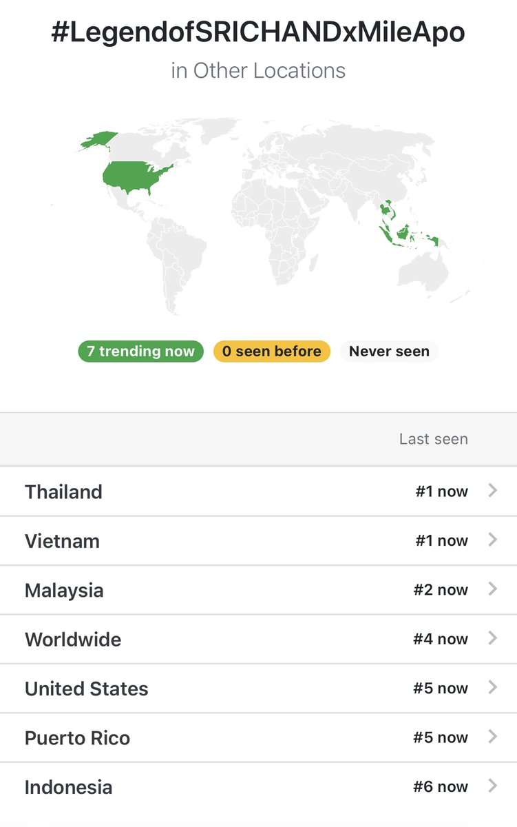 MilephakTrend's tweet photo. We are trending in 7 locations and still counting

No.1 🇹🇭 🇻🇳 
No.2 🇲🇾 
No.4 🌍 
No.5 🇺🇸 🇵🇷 
No.6 🇮🇩 

#LegendofSRICHANDxMileApo
@milephakphum #MilePhakphum https://t.co/7nnWaUGj0t