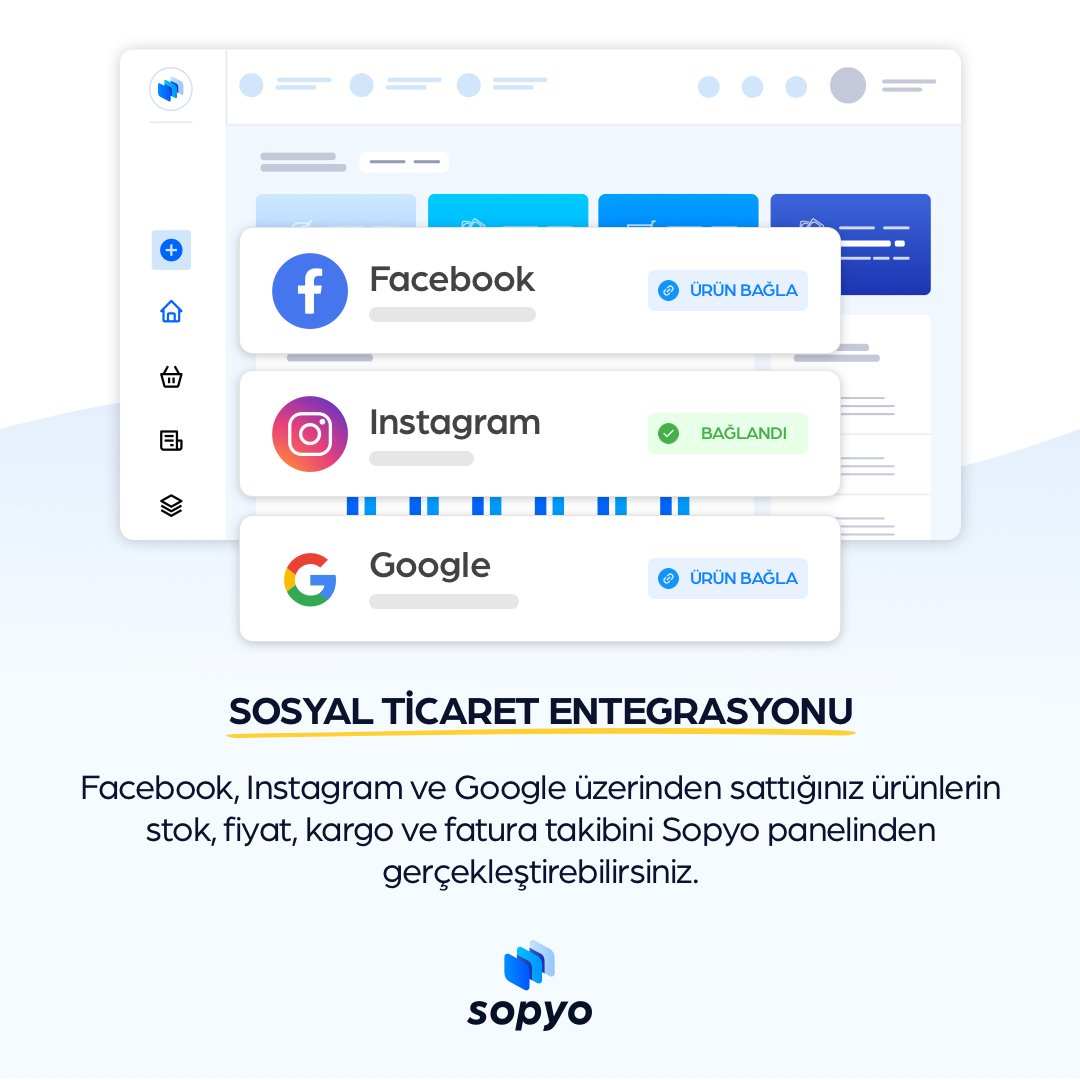 Sosyal ticaret entegrasyonumuz sayesinde Facebook, Instagram ve Google üzerinden sattığınız ürünlerin stok, fiyat, kargo ve fatura takibini Sopyo panelinden gerçekleştirebilirsiniz.
#Sopyo #entegrasyon #instagram #facebook #google #instashop #facebookshop #eticaret