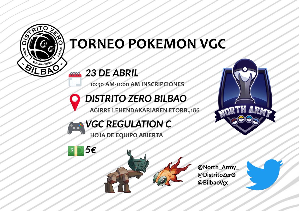 BilbaoVgc's tweet photo. Se está animando gente nueva a venir a nuestros torneos y nos estamos motivando! Nuevo torneo del circuito @North_Army_ en @DistritoZer0 Bilbao!

Os esperamos el 23 de abril! Intentad traer las teamlist terminadas con el player ID para que  todo sea más rápido y cómodo . https://t.co/lqF3Mm6nIr