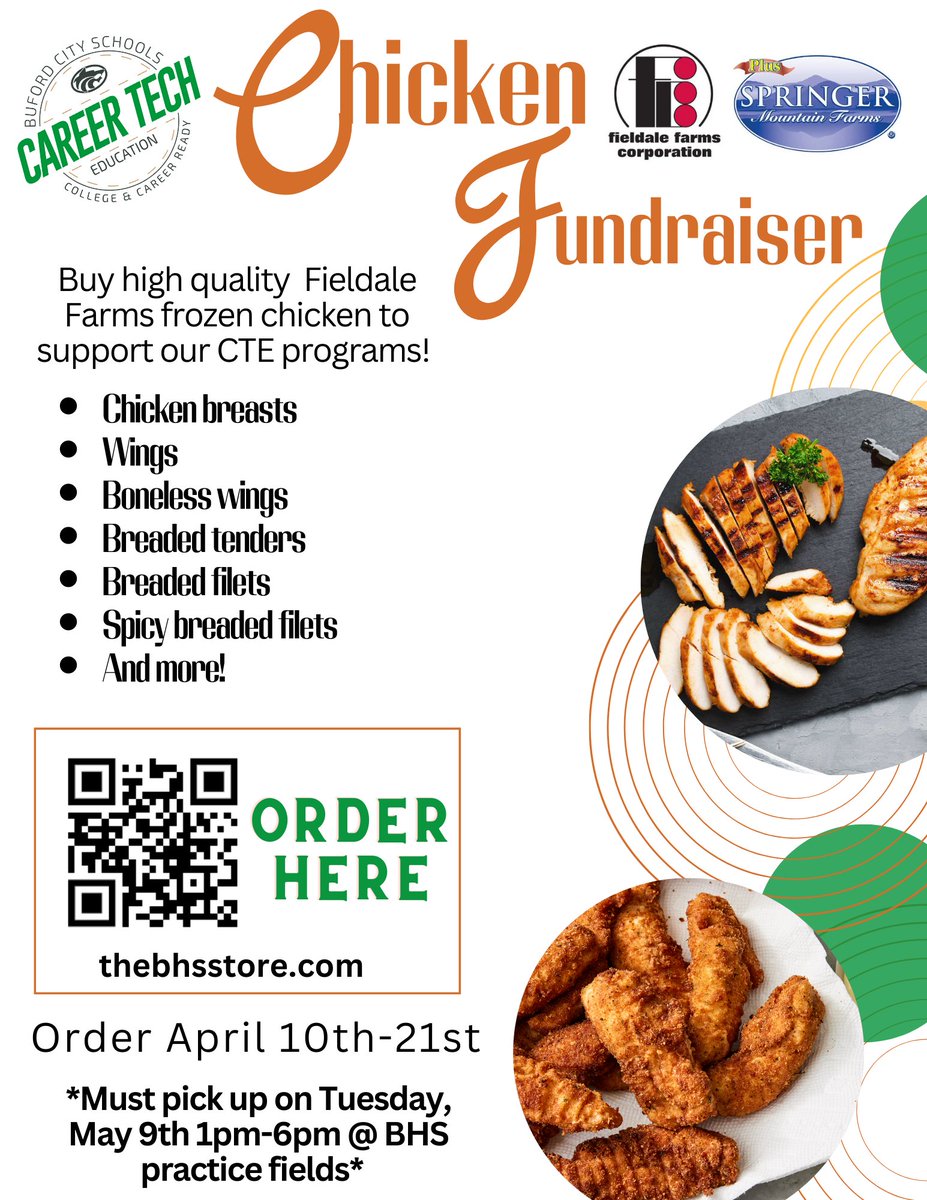 Stock your freezer with quality Fieldale Farms Chicken today!  Please support our Buford City Schools CTSOs at this website thebhsstore.com 
Sell dates are 4/10/23-4/21/23.  Pick-up will be at Buford High School near the practice fields from 1 pm - 6 pm only on 5/9/23.