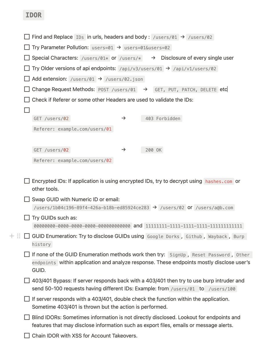 much1337's tweet photo. IDOR checklist https://t.co/TyYrjpVLI2