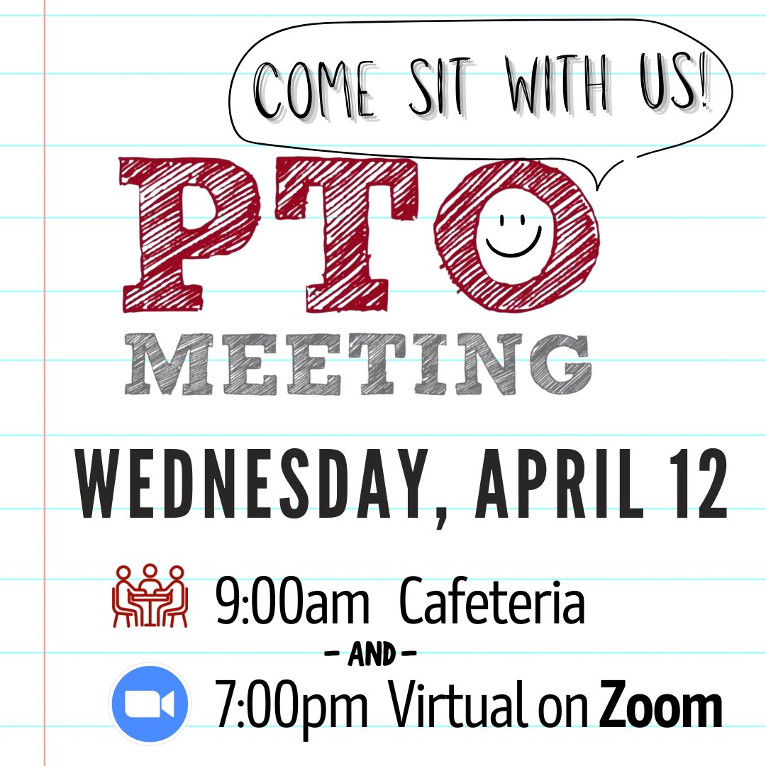 April's PTO Meeting will take place in-person and virtually on Zoom this Wed. 4/12! Zoom link in the latest Weekly Update email from school.