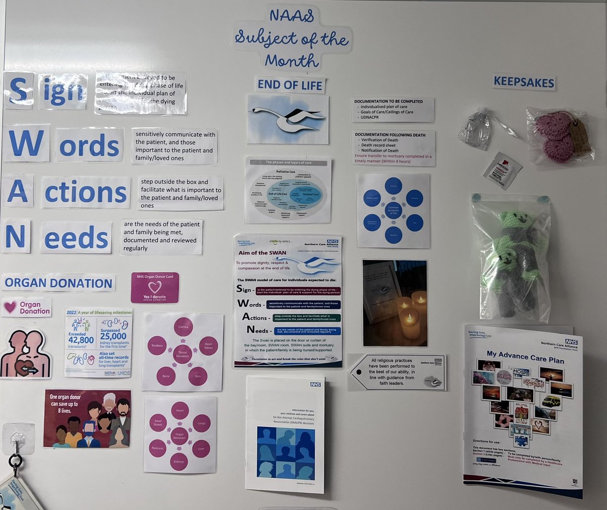 NSSU_SCO's tweet photo. Aprils #subjectofthemonth is End of Life (EOL) on Ward B5 🦢. We’re focusing a lot on Organ Donation which is a subject that is so important but quite often missed 🫀🫁 @MCCN_UK @SalfordCO_NHS @NCAlliance_NHS #eol #endoflife #organdonation #swan #keepsakes https://t.co/saAuTj2UyV