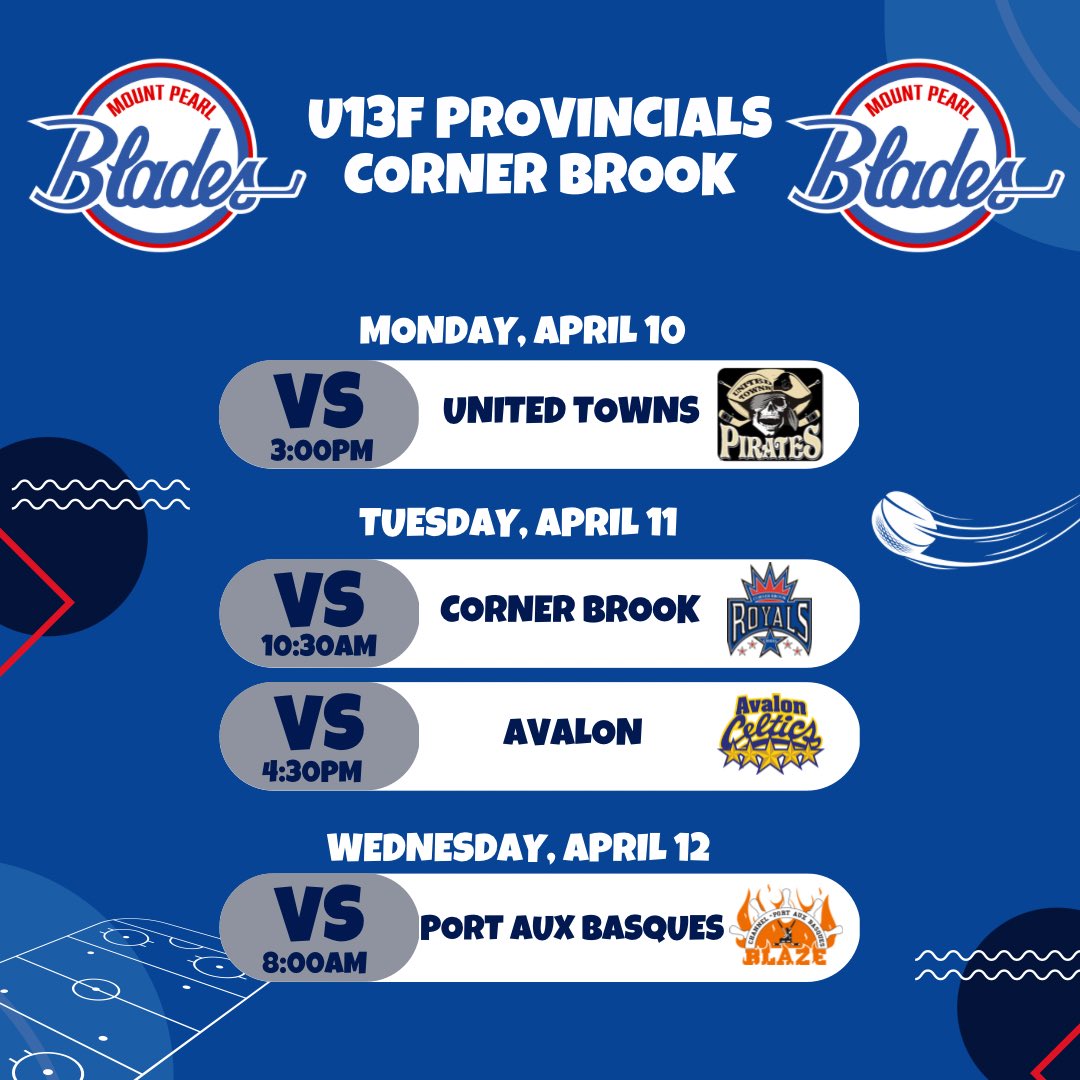 Day one of @HkyNL U13F provincials starts today! We start the tournament at 3pm against United Towns. #BladesDoCornerBrook <a href="/MtPearlBlades/">Mount Pearl Blades</a>