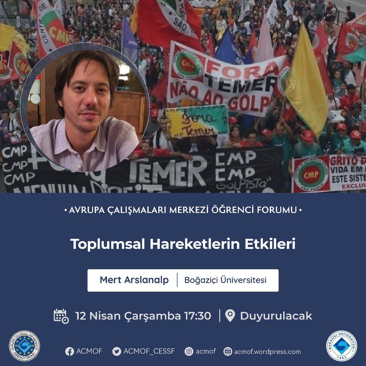 acmof_cessf's tweet photo. 12 Nisan Çarşamba günü saat 17.30’da Politika bölümü öğretim üyelerinden Mert Arslanalp ile Toplumsal Hareketlerin Etkilerini, Mert hocanın Latin Amerika bazlı araştırmalarını, son zamanlarda Fransa’da olan bitenleri konuşmak için buluşuyoruz. Hepinizi bekliyoruz
@arslanalp_mert https://t.co/UasNCUkLDy