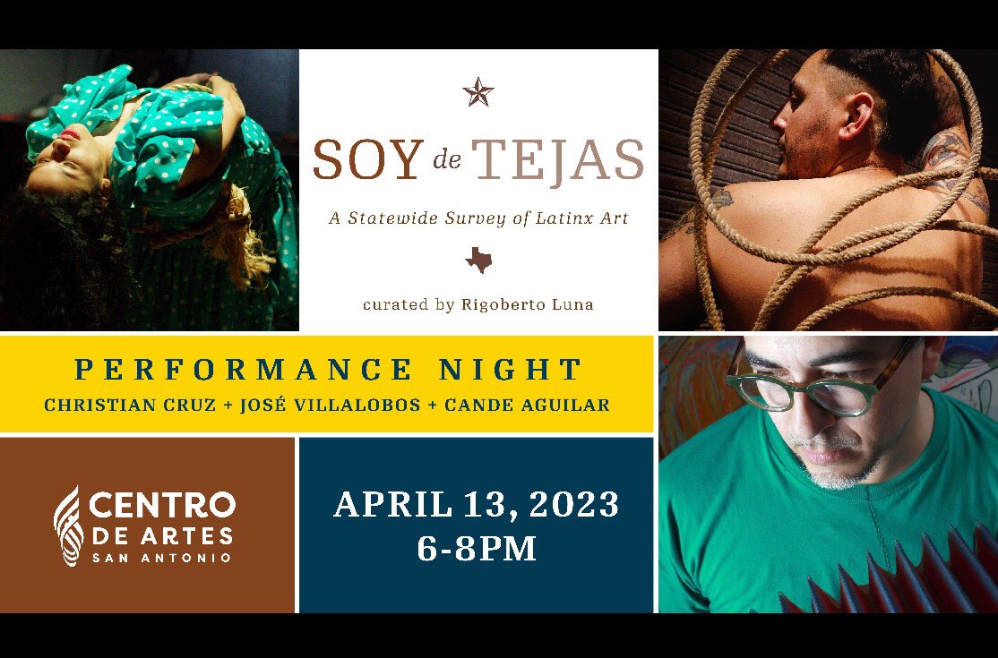 Join us Thursday at Centro de Artes for #SoydeTejas Performance Night featuring performances by Dallas native Christian Cruz, San Antonio-based Jose Villalobos, Brownsville's Cande Aguilar, and curated by Presa House Gallery’s Rigoberto Luna with support from <a href="/getcreativesa/">Arts&Culture_COSA</a>.