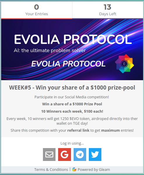 EvoliaProtocol's tweet image. Participate in a $1000 prize-pool!
This is week #5 Contest! 

10 Winners each week, $100 each!

Every week, 10 winners get 1250 $EVO token,  🪂directly into ther wallet on TGE day!

Share your referral link to get max entries!

⬇️⬇️⬇️🚀🚀🚀💰💰💰⬇️⬇️⬇️

gleam.io/83m6Z/promote-…
