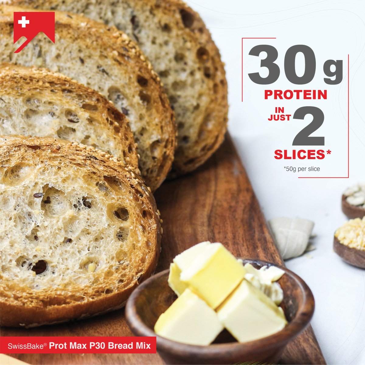 SwissBakeGlobal's tweet photo. SwissBake® Prot Max P30 is a #HealthyBread mix for baking breads for #LowCarb &amp; #HighProtein lifestyle
Made with 100% finest protein sourced from oats, soya, whey, and wheat.
#BakeRight &amp; #BakeHealthy with SwissBake® https://t.co/VuWbBydetp