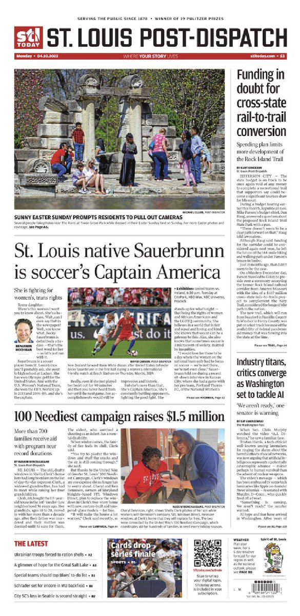hochman's tweet photo. After interviewing St. Louis native @beckysauerbrunn, I decided to write my column as a letter to my daughter. And they ran it on the front of The St. Louis Post-Dispatch today. A special day: https://t.co/arrSs1RNVX https://t.co/s1zucpqiel