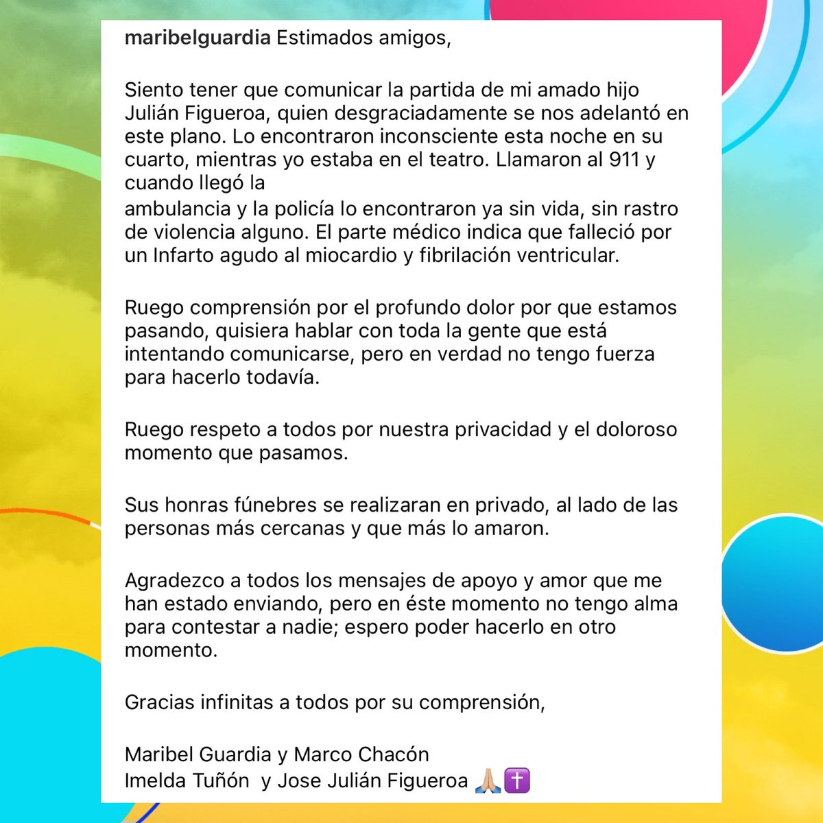 VengaLaAlegria's tweet photo. ¡Maribel Guardia compartió en un comunicado las causas del fallecimiento de su hijo, Julián Figueroa! 🙌🏻🕊️😢📺 #VLA https://t.co/h38Pwp9BtV