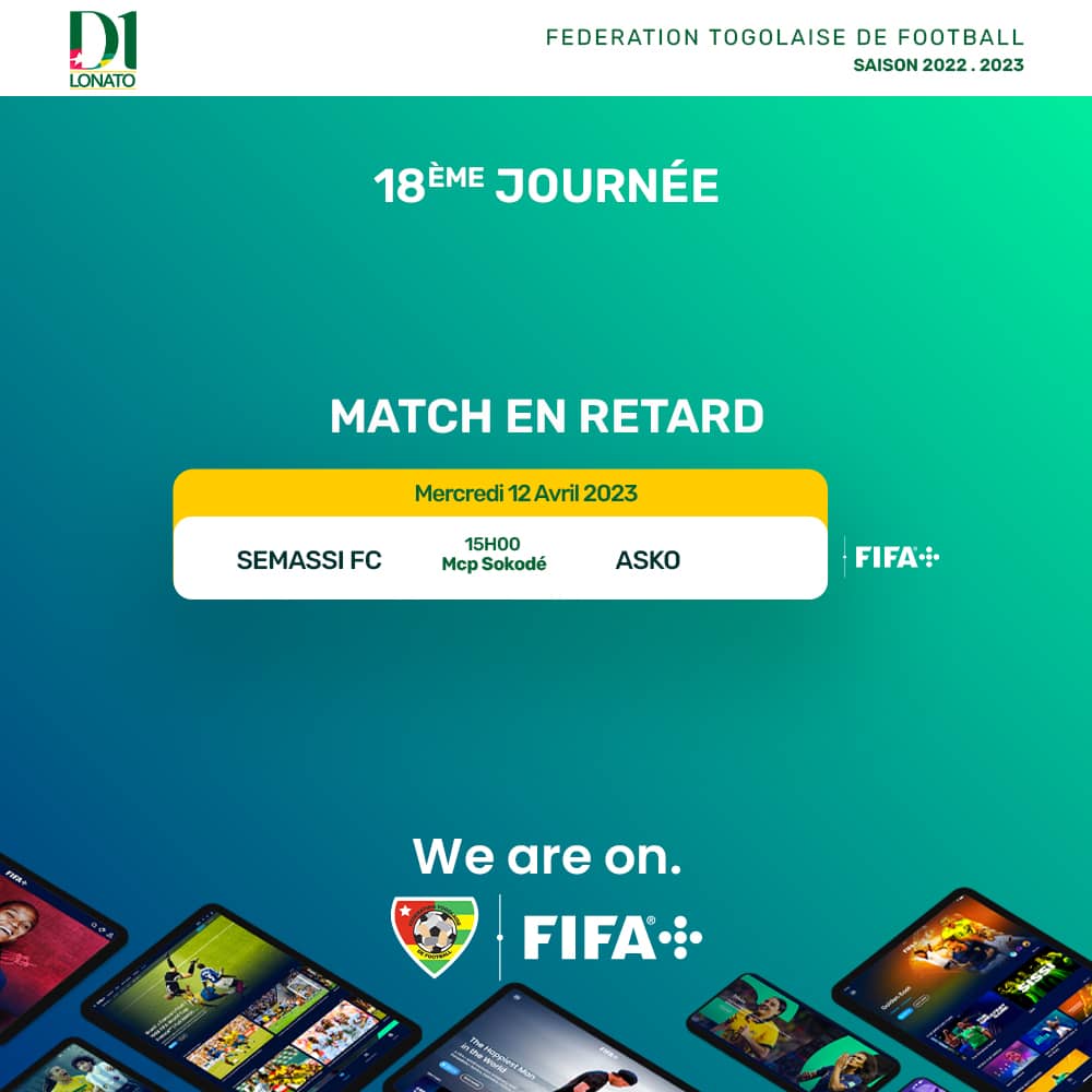 FtfTogolaise's tweet photo. 🛑#D1LONATO🇹🇬
➡️Ce mercredi 12 avril à 15 heures, ne ratez pas le match en retard de la 18ème journée qui oppose #SEMASSI à l'#ASKO. 🔥
Diffusion en direct sur la plateforme #FIFAPlus https://t.co/MXYA73Y7EQ