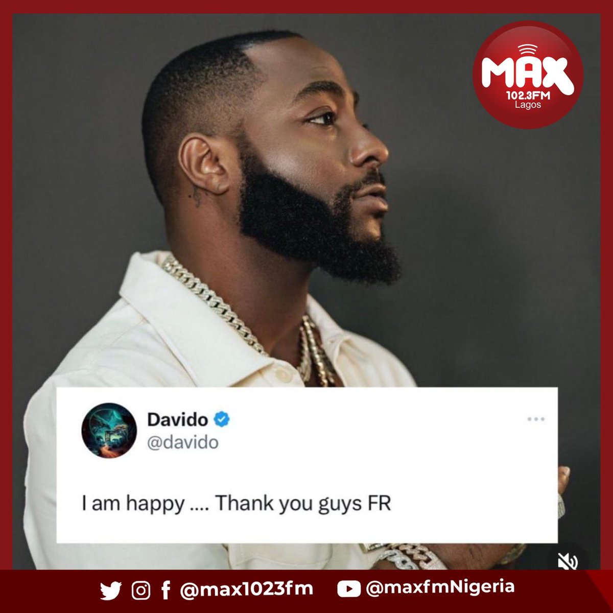 Max1023FM's tweet photo. Thank you all for making @davido happy ❤️
.
.
#MoreLove #timeless #Davido #max1023fm #hitmusicforlagos https://t.co/TScJtrBWfn