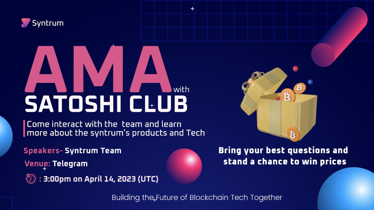 We invite you all to join the <a href="/0xSyntrum/">Syntrum Blockchain</a>  voice #AMA hosted by <a href="/esatoshiclub/">Satoshi Club</a> 
Date: 3:00 PM on April 14th, 2023 (UTC)
AMA Venue: t.me/Satoshi_club
Syntrum's Tg: t.me/syntrum

#syntrum #AMA #Airdrop #DeFi #Gem #launchpad #cryptocurrency