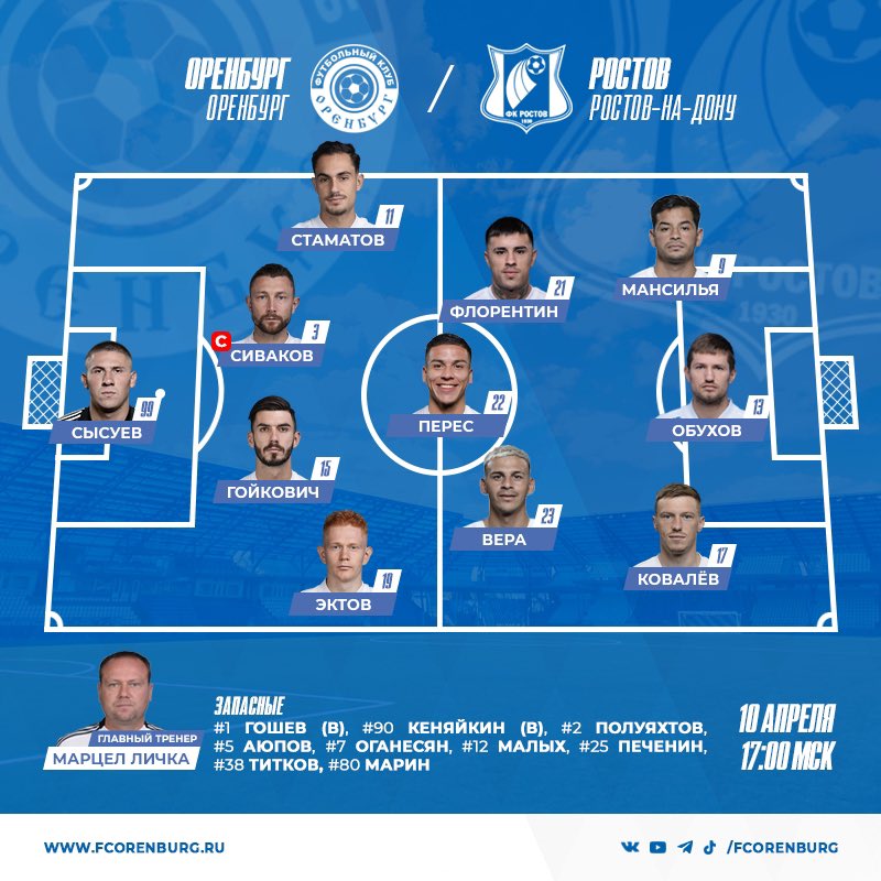 Состав #ФКОренбург на матч #ОренбургРостов

🐻 Мир Российская Премьер-Лига 
⚽ Оренбург – Ростов 
⏰ 10 апреля 19.00 (17.00 Мск) 
🏟 Оренбург. Стадион "Газовик" 
💳 Билеты tickets.fcorenburg.ru 
🆔 Карта болельщика 👉 gosuslugi.ru 
📺 LIVE Матч Премьер