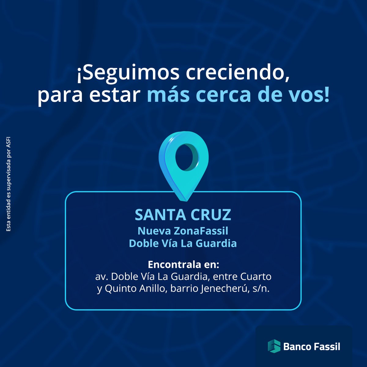 ¡CONOCÉ NUESTRA NUEVA ZONAFASSIL!
 
Porque sos lo más importante para nosotros, ahora estamos más cerca de vos.

Te esperamos en la av. Doble Vía La Guardia, entre Cuarto y Quinto Anillo, barrio Jenecherú, s/n.

#BancoFassil