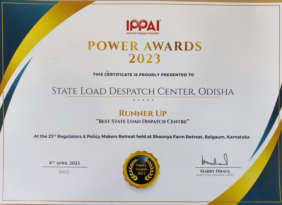 OdishaSldc's tweet photo. SLDC ODISHA has been awarded for Best SLDC (Runner Up) by IPPAI for Year-2023 at 23rd Regulator and Policy Makers Retreat held at Belgaum, Karnataka on 8th April 2023. https://t.co/aFJv2ehSrL
