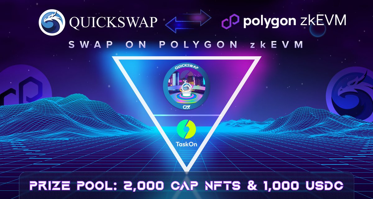 QuickSwap 🐲 DragonFi 2.0 (@quickswapdex) on Twitter photo It's time to kick off the first #QuickSwap x <a href="/taskonxyz/">TaskOn | Ultimate Web3 Community Growth Platform</a> DeFi quest in style 😎👔
✅ Complete the tasks
✅ Make a swap of at least $20 on our <a href="/0xPolygon/">Polygon ※</a> #zkEVM extension
The first 2,000 users to qualify will receive a CAP NFT! (FCFS) 🎉
👉 taskon.xyz/campaign/detai… It's time to kick off the first #QuickSwap x <a href="/taskonxyz/">TaskOn | Ultimate Web3 Community Growth Platform</a> DeFi quest in style 😎👔
✅ Complete the tasks
✅ Make a swap of at least $20 on our <a href="/0xPolygon/">Polygon ※</a> #zkEVM extension
The first 2,000 users to qualify will receive a CAP NFT! (FCFS) 🎉
👉 taskon.xyz/campaign/detai…