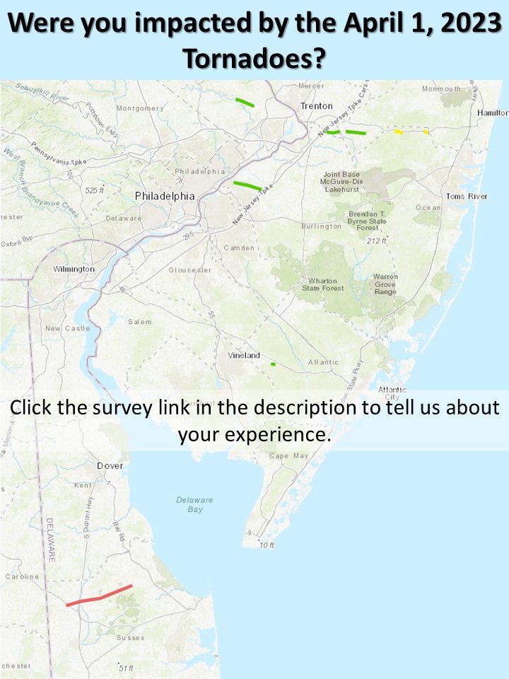 We are looking to get your feedback about your experience with the April 1 tornado outbreak in PA, NJ and DE. Did you get a warning? Did you shelter? Take this 5-10 min survey bit.ly/3UhZVIC and tell us your story. Thx and please share. #PAwx #NJwx #DEwx #qrs