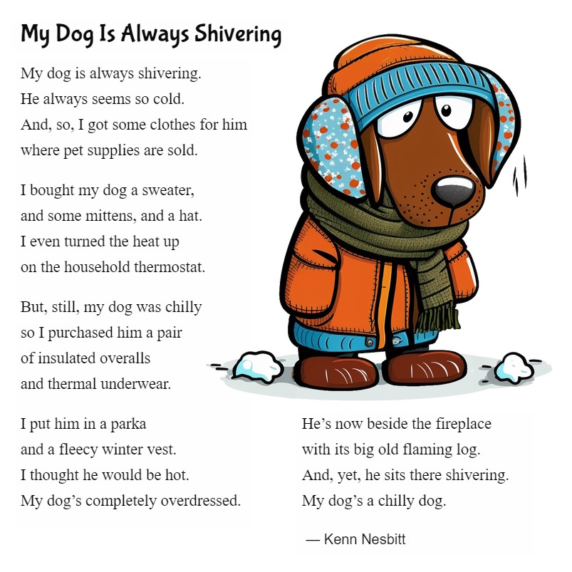New funny poem for kids: 'My Dog Is Always Shivering' poetry4kids.com/poems/my-dog-i… #dogpoem #colddog #dogsinclothes #childrenspoetry #poetry4kids #poetryforkids