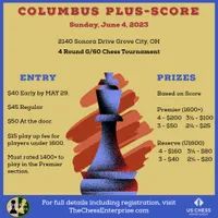 ChessEnterprise's tweet image. 𝗖𝗼𝗹𝘂𝗺𝗯𝘂𝘀 𝗣𝗹𝘂𝘀-𝗦𝗰𝗼𝗿𝗲

♔♕♖♗♘♙  𝗥𝗘𝗚𝗜𝗦𝗧𝗥𝗔𝗧𝗜𝗢𝗡 𝗜𝗦 𝗢𝗣𝗘𝗡  ♚♛♜♝♞♟
Date: Sunday, June 4, 2023
4 round Swiss. G/60 d5. US Chess rated
Location: 2140 Sonora Drive, Grove City, OH 43123.

For full details and entry:
thechessenterprise.com