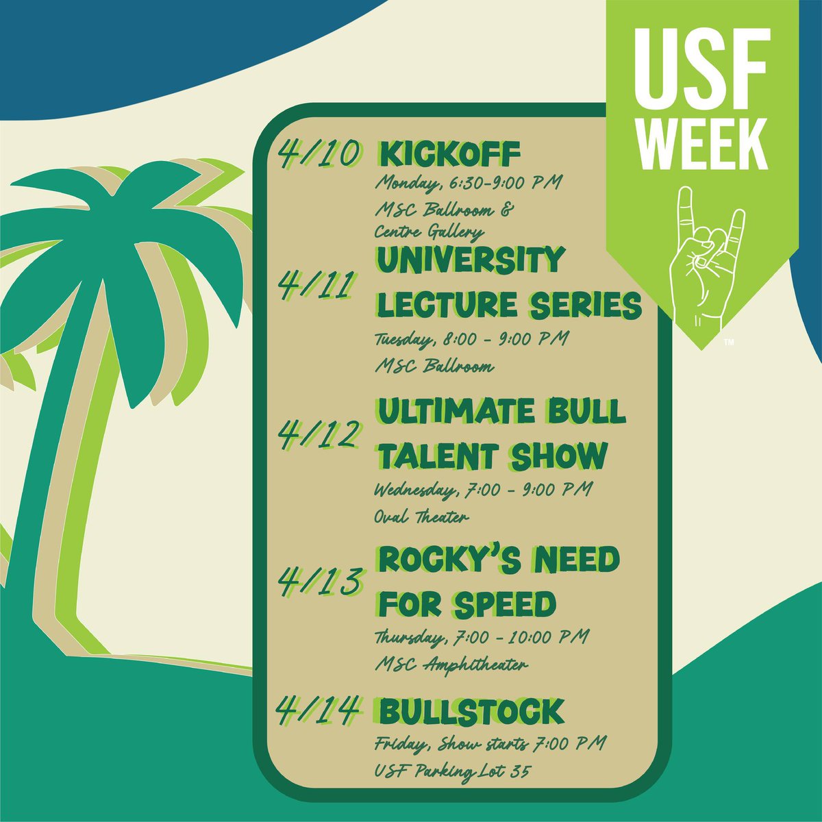USouthFlorida's tweet photo. It's officially #USFWeek, Bulls!🤘
We've got a variety of activities and events planned, so get ready to share your Bull pride and celebrate our university's rich history and community.
Find a full schedule here ➡️ https://t.co/DB7s42RDTa https://t.co/yfuP87I2Uj