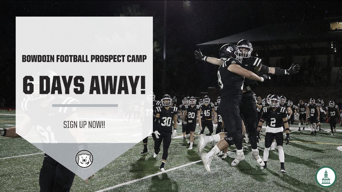 BowdoinFB's tweet image. Less than 1️⃣ week until the Bowdoin Football Prospect Camp! 

Don’t miss your chance to be evaluated and coached by our coaching staff! 

polarbearfootballcamps.com 

#TheHunt🐾