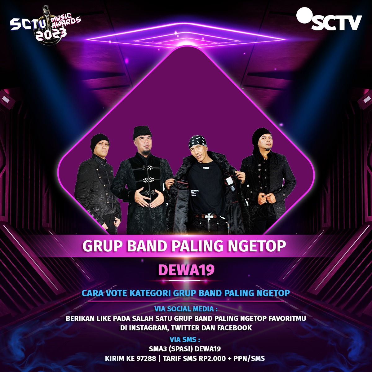 SCTV's tweet image. Yuk, dukung @officialdewa19 untuk memenangkan "Grup Band Paling Ngetop" #SMA2023 dengan cara like postingan ini!

Periode vote: 10 April - 7 Mei 2023, pkl 23.59 WIB.  

#VoteSMA2023
#SMA2023Dewa19 
#SCTVSpesial