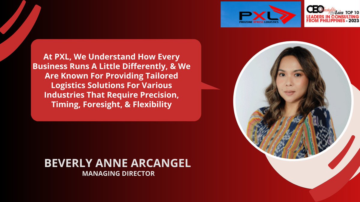 Beverly Anne Arcangel, M D, Prozone Xpress Logistics  has been selected by CEO insights Asia as one of the 'Top 10 Leaders In Consulting From Philippines - 2023'.

Article: lnkd.in/d-AjQBfF

#Consulting #consultants #consultantservices #Philippines #consultingcompany