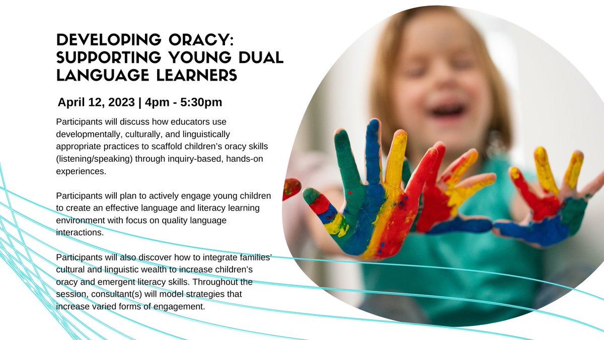 Registration closes tomorrow at noon.
#Developing #Oracy: Supporting Young Dual Language Learners | April 12, 2023 | 4pm-5:30pm
Register at: cvent.me/DrkeDA
#cultural #development #duallanguage #earlyyears #educator #interactions #linguistics #literacy #prek #preschool