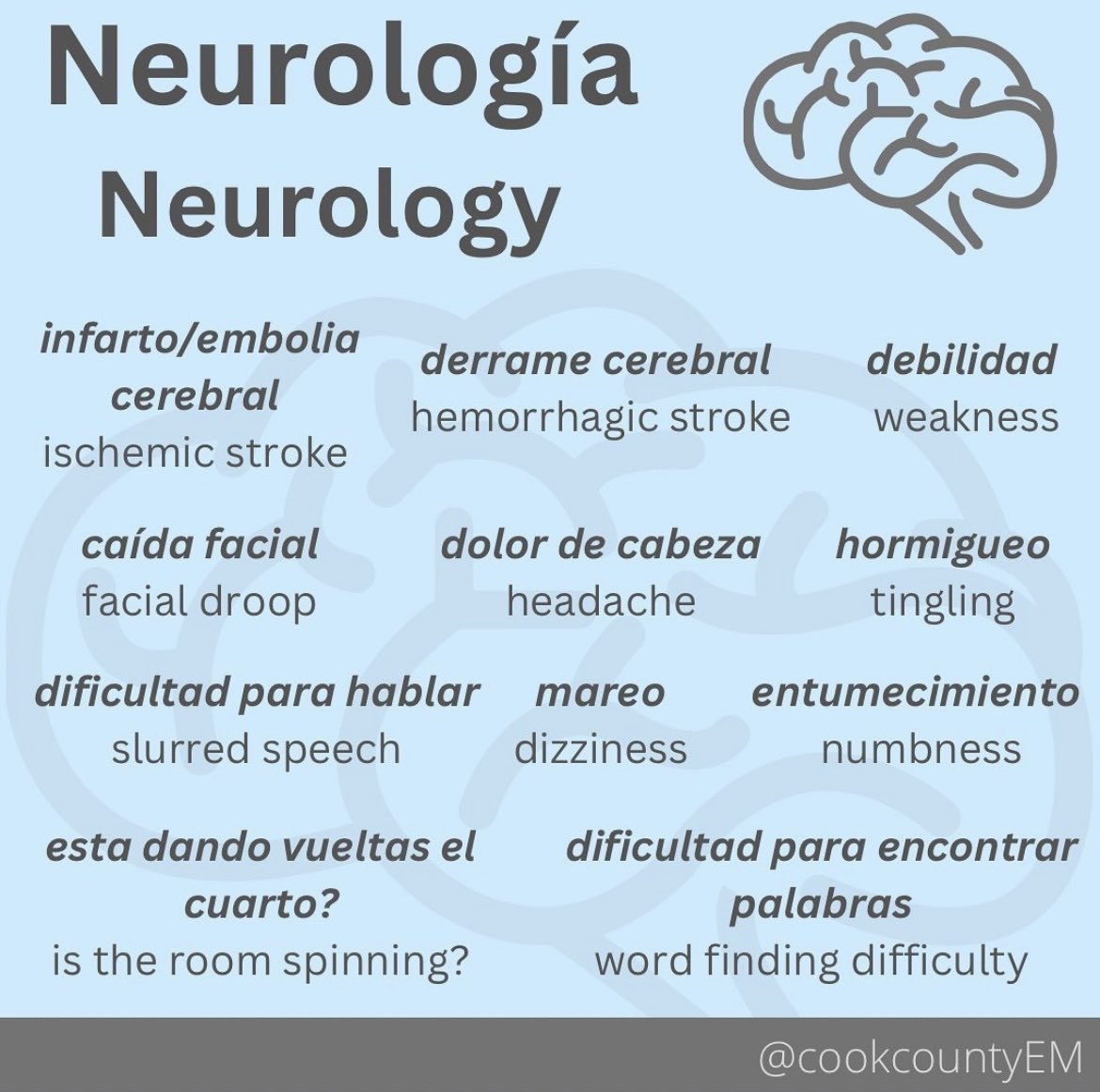 CookCountyEM's tweet photo. 🗣️Medical Spanish Monday🗣️

Some terms you can add to your vocabulary when speaking when patients. 

🚨Remember, it’s always best to use an interpreter when speaking to patients who speak a language that you aren’t fluent in! 

What other terms would you add to the list?
#FOAMed https://t.co/74rNsQh5nR