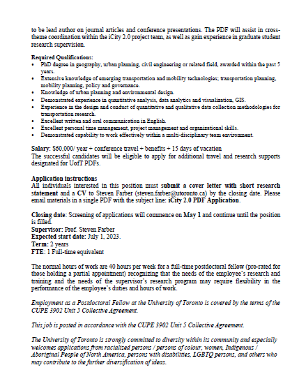 We're hiring again!  Come join our incredible team as a postdoctoral fellow on the <a href="/UofTMobilityNet/">Mobility Network</a> iCity2.0 and <a href="/MobilizingJust/">Mobilizing Justice Partnership</a> projects!  utoronto-my.sharepoint.com/:b:/g/personal…