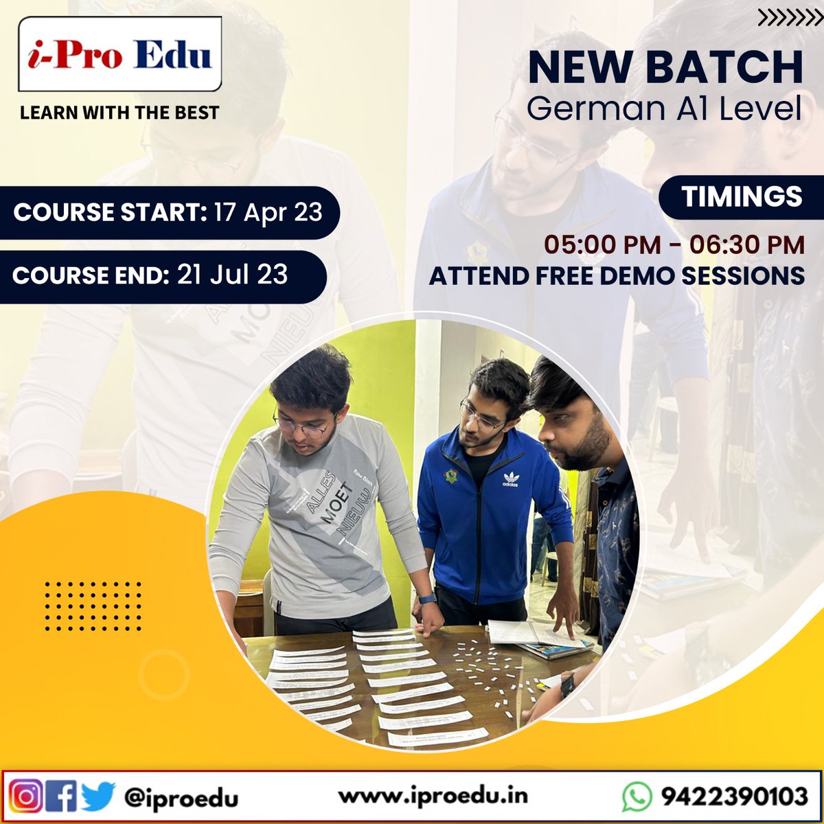 iproedunashik's tweet photo. The new Batch of German A1 Level is starting at I-Pro Edu.
Course Start: 17th April 2023
Course End: 21st July 2023
Timings: 05:00 PM - 06:30 PM

Call us - at 9422390103
Visit us - at https://t.co/qMHP043bfw
.
.
#germanA1level #newbatch #germanA1 #germanlanguage #iProEdu #nashik https://t.co/W5EG4o6DBB