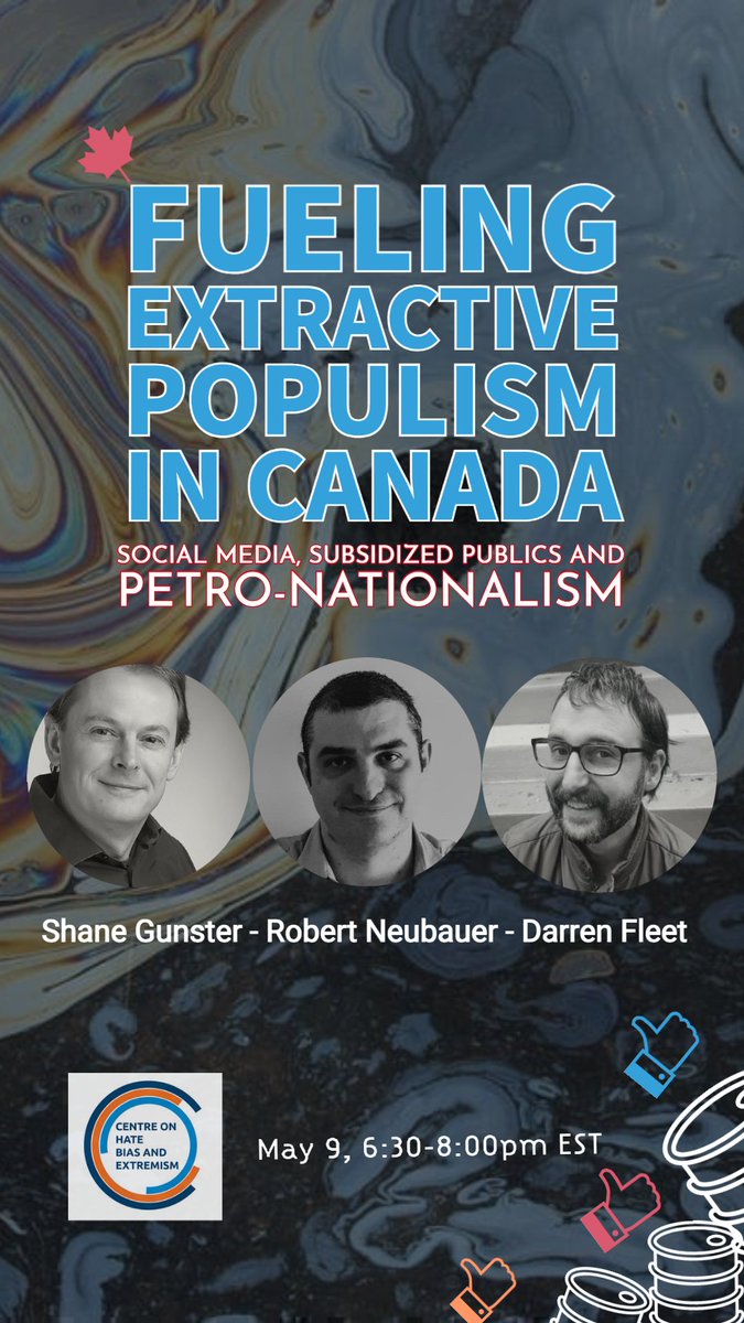 Tanner Mirrlees (@tmirrlees_) on Twitter photo Webinar: "Fueling Extractive Populism in Canada: Social Media, Subsidized Publics and Petro-Nationalism" with environmental comms researchers Shane Gunster, Robert Neubauer and Darren Fleet, Tues May 9, 6:30 <a href="/CHBEOntarioTech/">Centre on Hate, Bias and Extremism</a> <a href="/Petrocultures/">Petrocultures</a> Register here: eventbrite.co.uk/e/fueling-extr… Webinar: "Fueling Extractive Populism in Canada: Social Media, Subsidized Publics and Petro-Nationalism" with environmental comms researchers Shane Gunster, Robert Neubauer and Darren Fleet, Tues May 9, 6:30 <a href="/CHBEOntarioTech/">Centre on Hate, Bias and Extremism</a> <a href="/Petrocultures/">Petrocultures</a> Register here: eventbrite.co.uk/e/fueling-extr…