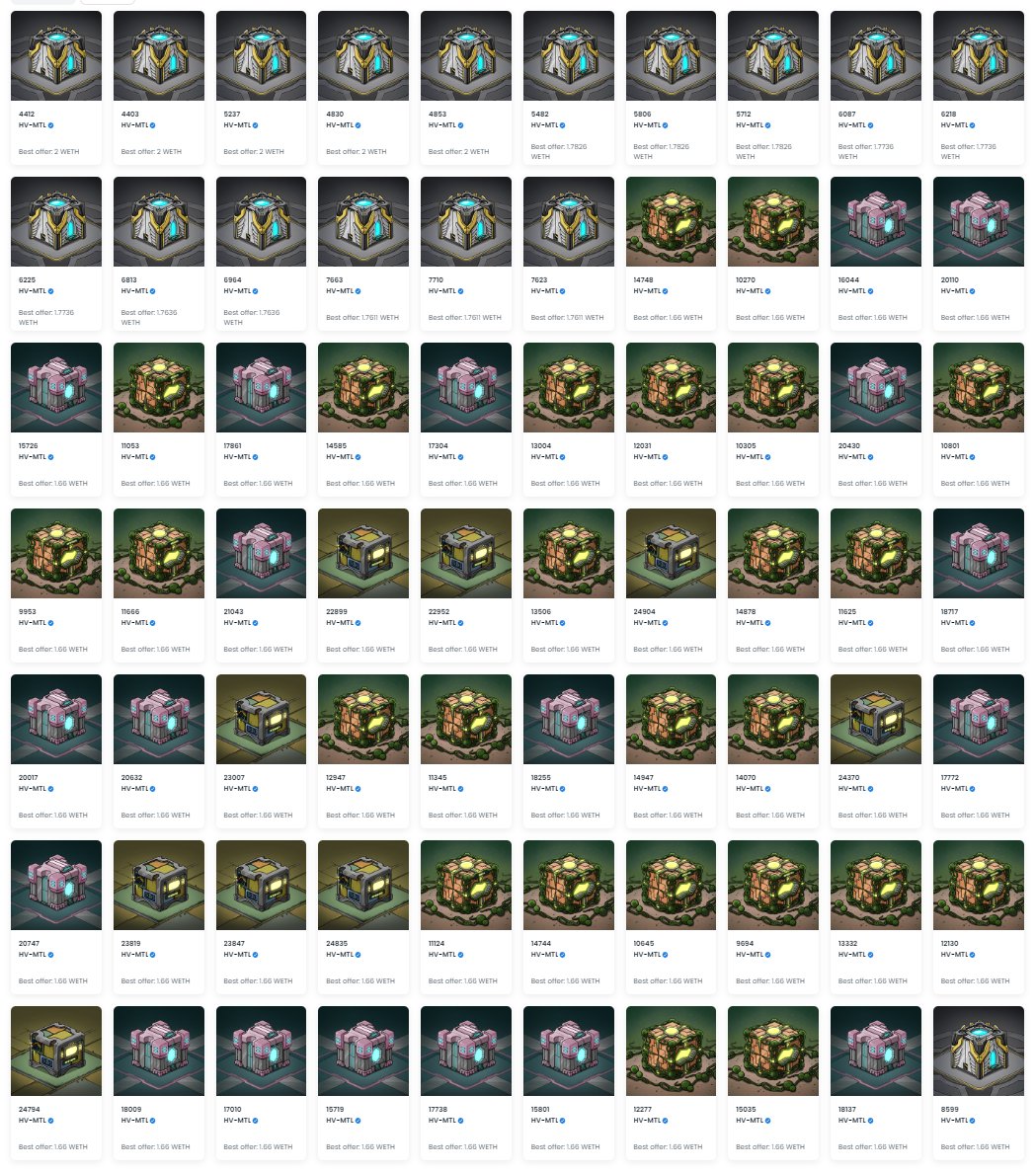 I’m all in on HV-MTL 🤝

Bored Ape mechs that are part of an upcoming P2E game? Seems undervalued below 2 ETH. 

I can see 2 potential plays here:  
- Exit at 2-2.5 ETH in the coming weeks 
- Exit at 3-4 ETH after several months

I bought 70 at a 1.75 ETH floor 🫡