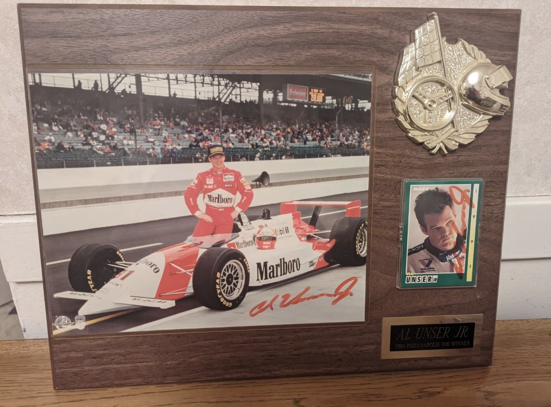 StuMcCallister's tweet photo. Any Indy race fans out there? This is an Al Unser plaque. It includes a signed 8x10 photo, a signed card from 1993, & a placard that says Al Unser Jr. 1994 Indianapolis 500 Winner. No COA. Asking $30, price includes shipping. #indyracing #alunserjr #racing https://t.co/qf6xiSz0r6
