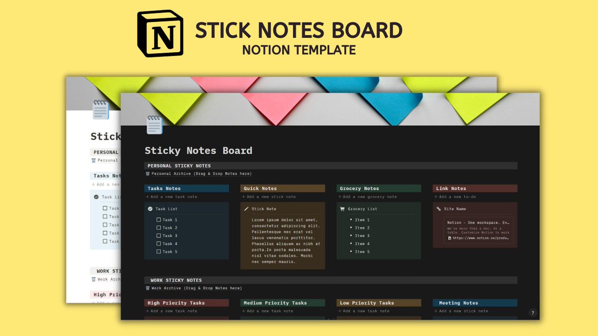 🚨ANNOUNCEMENT🚨

I have built a FREE Sticky Notes Board <a href="/NotionHQ/">Notion</a> template.

Stay organized and on track with the Sticky Notes Board in Notion - the perfect way to capture tasks, notes, and ideas.

Reply 👋 below and retweet, I will DM you the link!

(Follow so I can DM you)