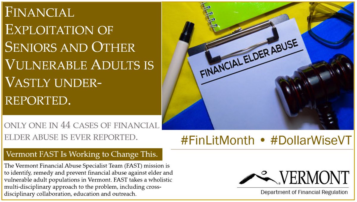 VermontDFR's tweet image. A betrayal of trust: the most despicable part of financial elder abuse is that 90% of abusers are family members or trusted others such as caregivers, family friends, neighhbors. Vermont FAST is a resource that can help. #DollarWiseVT bit.ly/3ZT76se #FinancialLiteracy