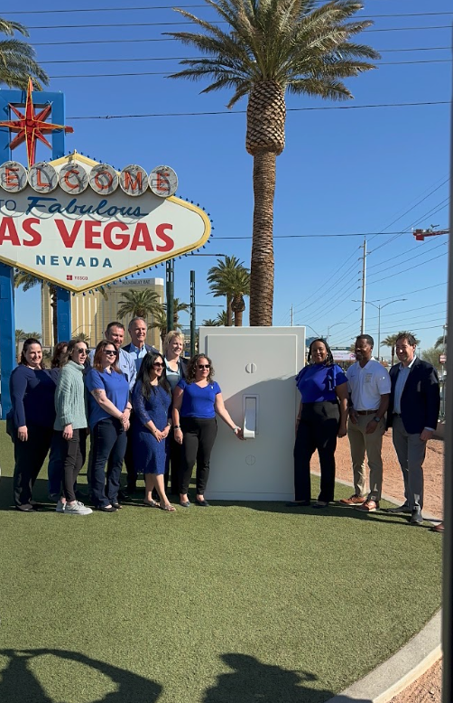 Incredible morning lighting the #WelcometoFabulousLasVegas sign blue for #AutismAcceptanceMonth! Commissioners @MichaelNaft and @WillMcCurdyII  joined the Grant a Gift team and partners to flip the switch.