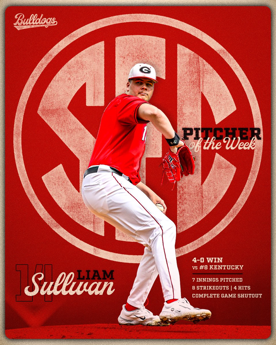 Liam Sullivan:

Complete game shutout ✅
Tied career high for innings pitched (7) ✅
First Georgia player to throw a complete game shutout since 2014 ✅
Two-Time SEC Pitcher of the Week ✅

#GoDawgs